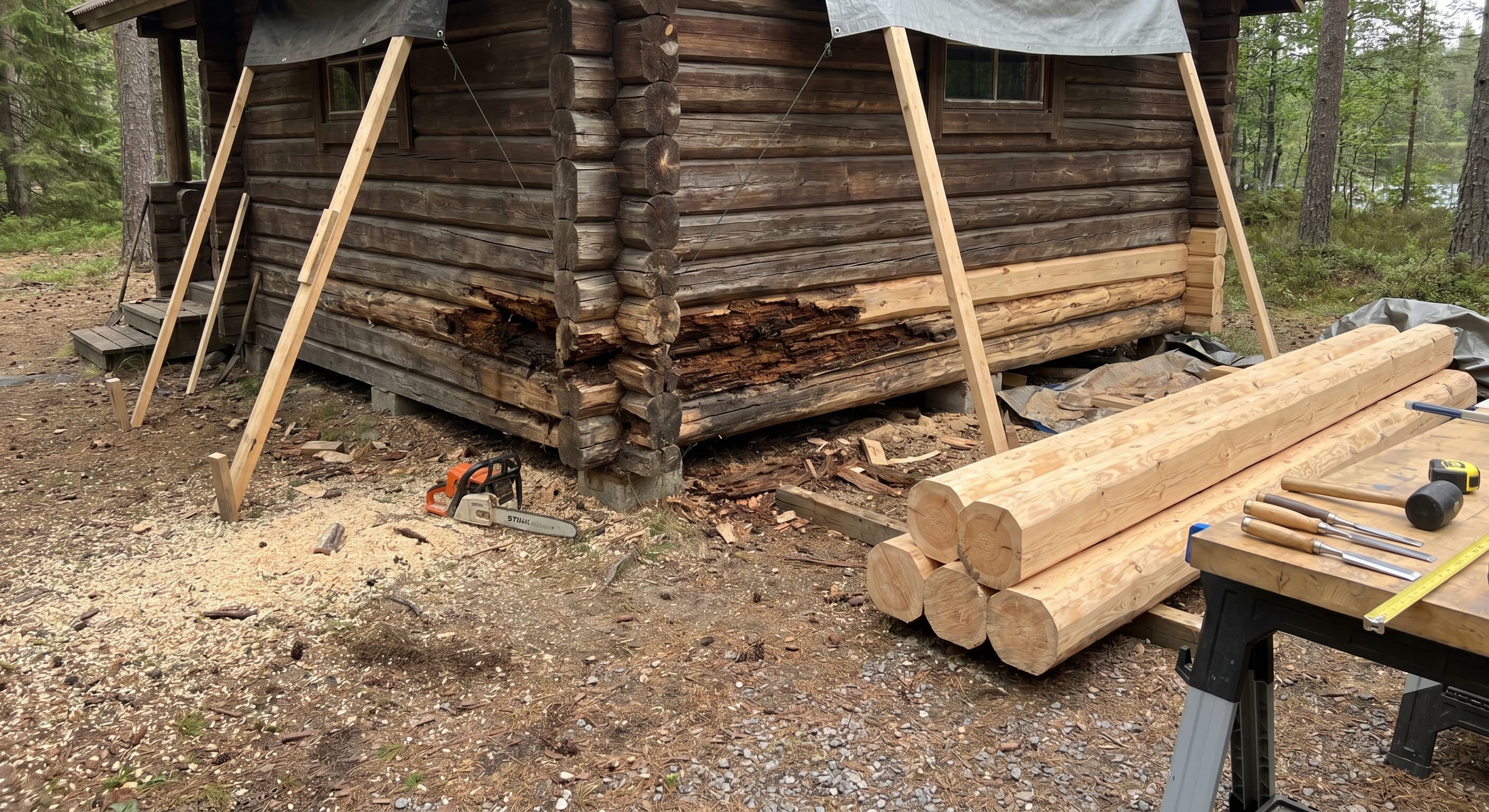 Rot repair staged and ready — new logs cut to spec