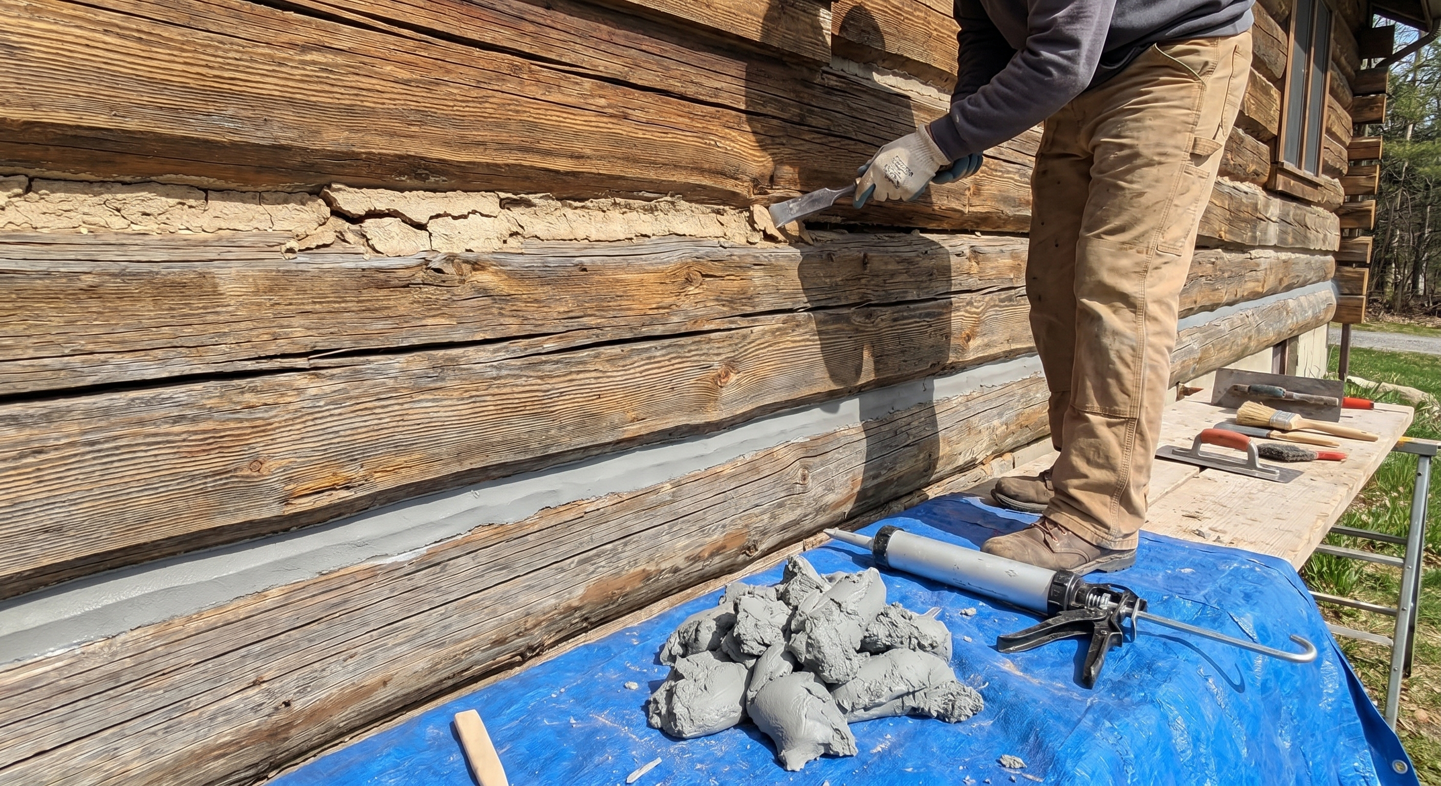 Hand-caulking the chinking seams